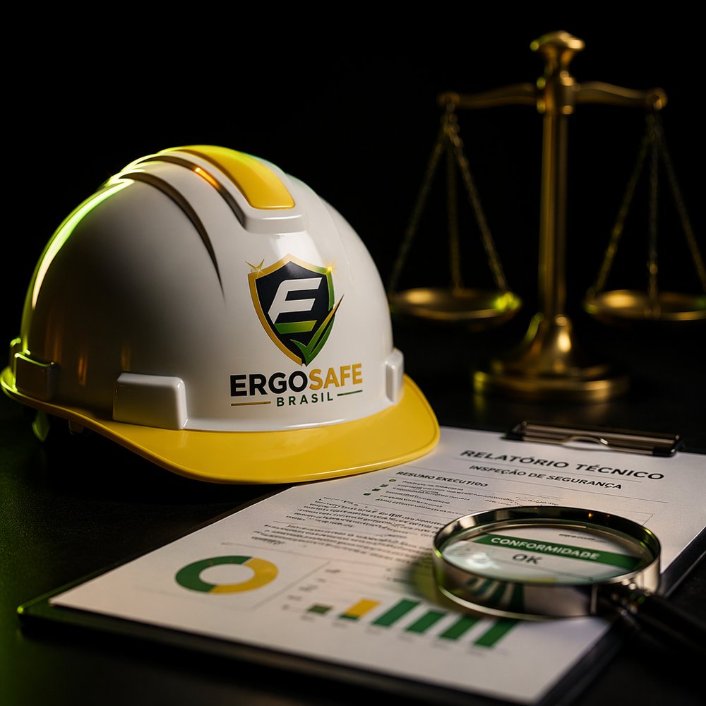 Capacete de segurança ErgoSafe ao lado de relatório técnico de inspeção, lupa sobre o documento e balança da justiça ao fundo
